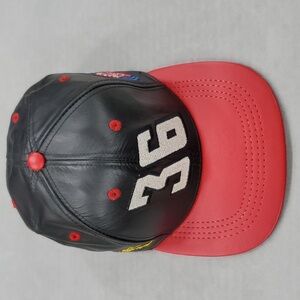 Ernie Irvan 36 leather hat ball cap black red embroidered adjustable sz NASCAR
